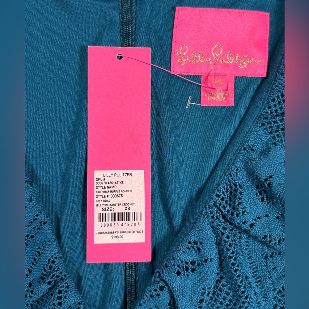 Lilly Pulitzer Tiki Wrap Ruffle Romper Sz XS Inky Teal Lace Long Sleeve NWT $198 - Picture 6 of 10